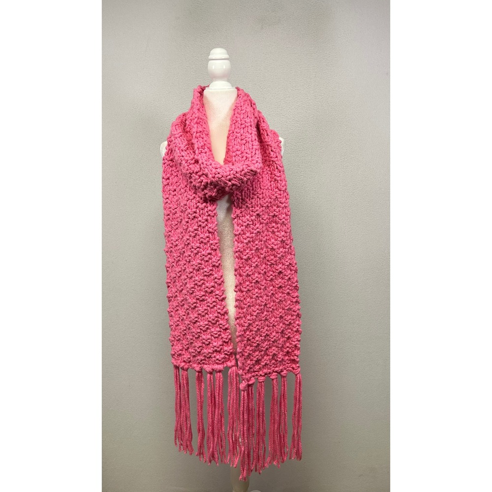 Barbiecore Lucky Brand Womens OS Pink Chunky Wool Blend Knit Tassel Fringe Scarf
